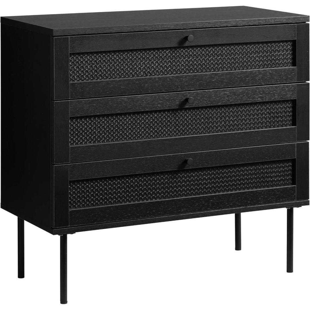 Das Sideboard vereint Metallgriffe mit Holzoptik