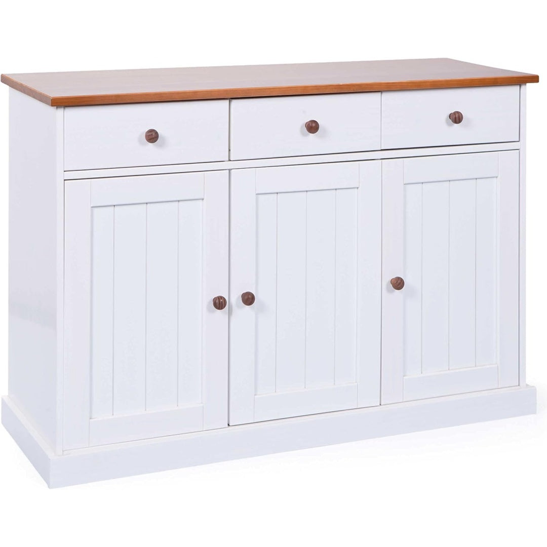 3 Schubladen und 3 Tueren an dem Sideboard