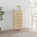 Das Sideboard misst 34.5 x 34 x 90 cm in Eichenbraun aus Holzwerkstoff
