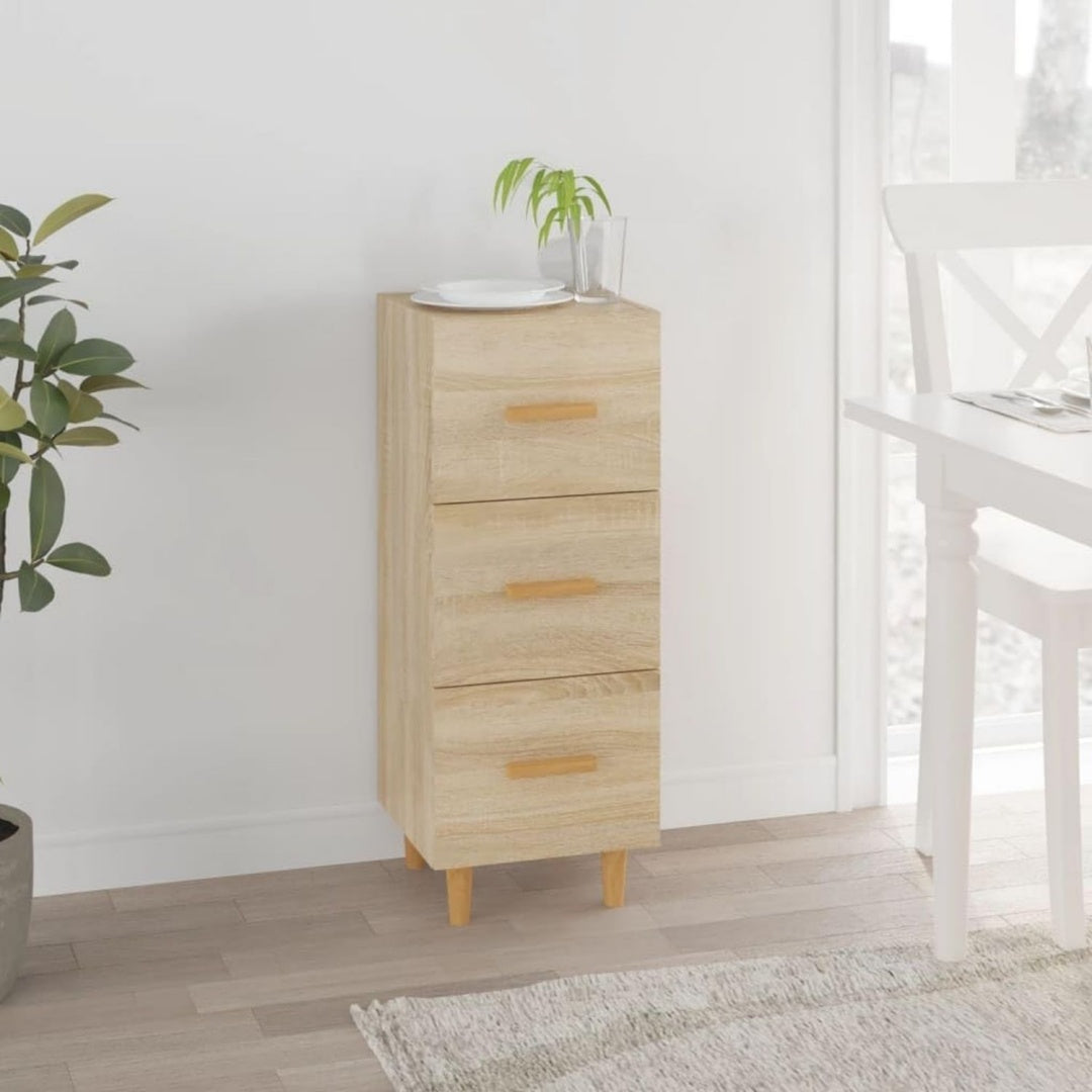 Das Sideboard misst 34.5 x 34 x 90 cm in Eichenbraun aus Holzwerkstoff