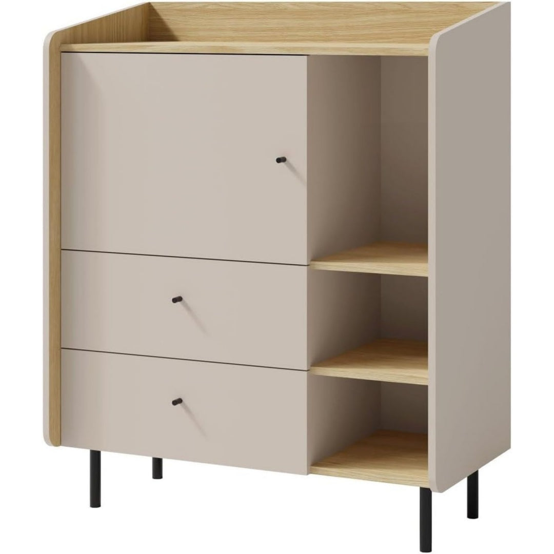 Offene Ablagen und 2 Schubladen bestimmen das Sideboard