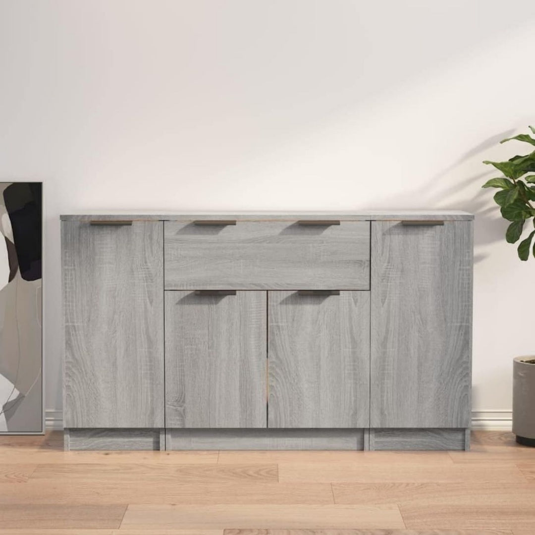 Das Sideboard misst 30 x 30 x 70 cm in Eichenbraun und Grau