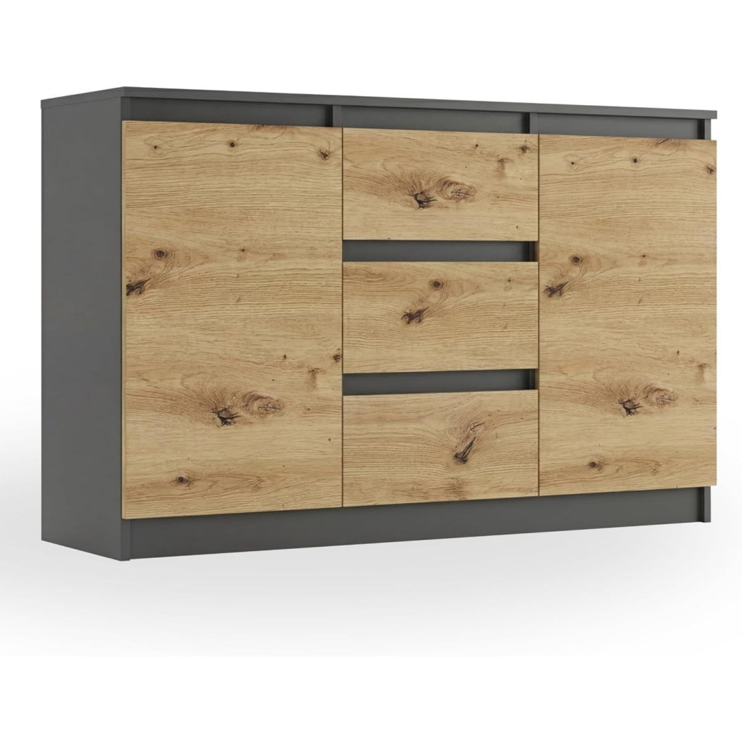 Beschichtete Flaechen treffen auf 3 Schubladen an dem Sideboard